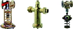 Self regulating valves (from left to right): (a) Pressure reducing valve (two components: actuator and valve), (b) Pressure regulator for cryogenic applications (one component) (c) Differential pressure regulator (two components: actuator and valve)